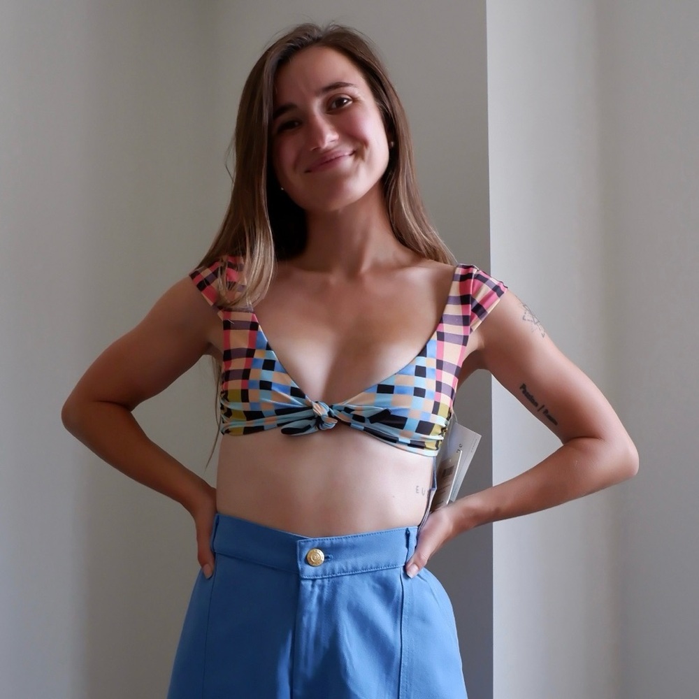 Mara Hoffman Plaid Tie-Front Bikini Top